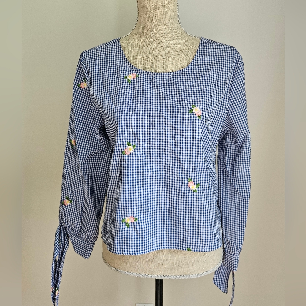 Rebellion Navy Gingham Blouse with Floral Embroidery